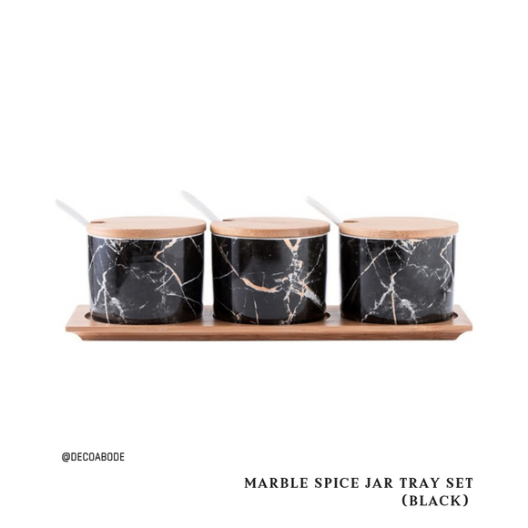 Marble Spice Jar Tray Set - Black